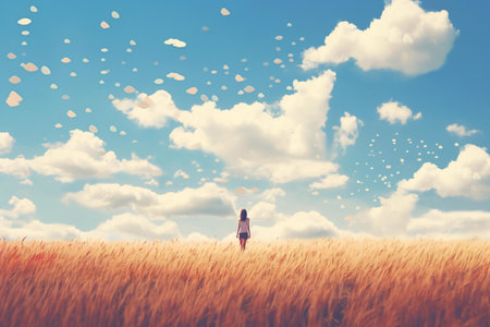 Young woman standing in wheat field and looking at the sky with cloudsの素材
