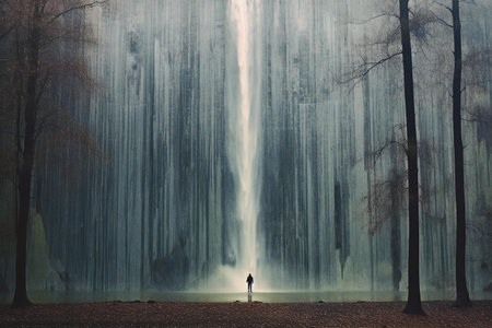 Man standing in front of waterfall in misty forest. Conceptual imageの素材