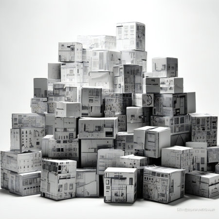 abstract illustration of a pile of cardboard boxes on a white backgroundの素材