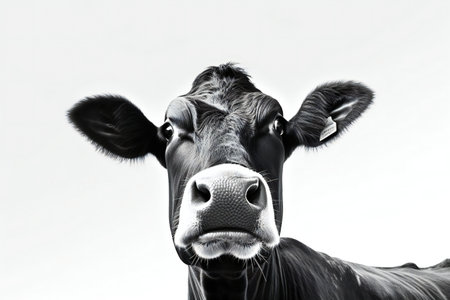 black and white portrait of a cow on a white background with copy spaceの素材