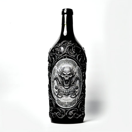 Old wine bottle isolated on white background. Black and white photo.の素材