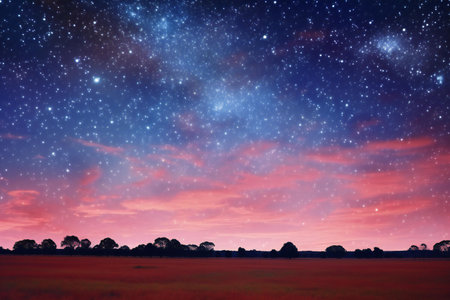Night sky with stars and clouds over a field of grass and treesの素材