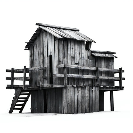 an old wooden house isolated on white background.の素材