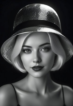 Close-up portrait of a beautiful woman in a hat. Black and white photoの素材