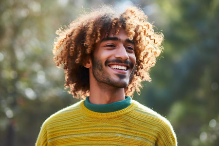 Portrait of a smiling young man with afro hairstyle outdoorsの素材