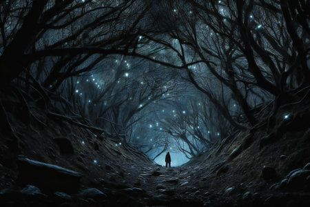 Mysterious dark forest at night with a man walking in the middleの素材
