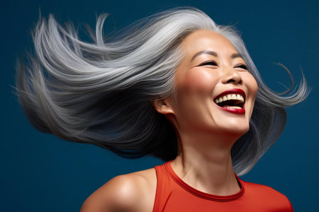 Portrait of a beautiful young asian woman with flying hair over blue backgroundの素材