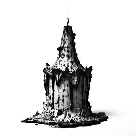 Burning candle in the shape of a Christmas tree on a white backgroundの素材