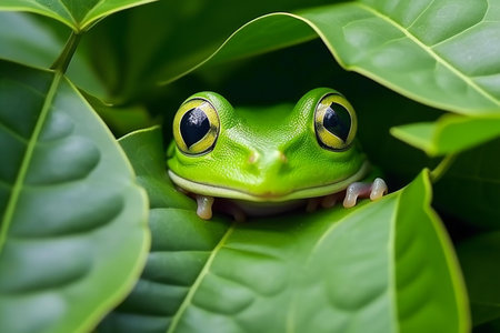 Green tree frog (Hyla arborea) on a leafの素材