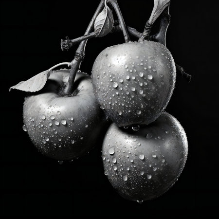 Black and white photo of ripe apples with water drops on black backgroundの素材