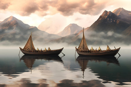 Fantasy landscape with two wooden boats on the lake.の素材