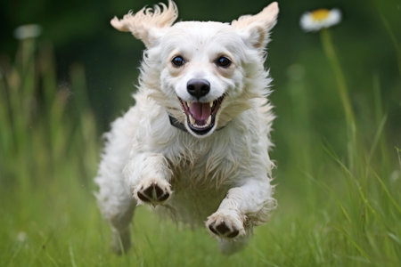 Chihuahua running in the grass with daisies in the backgroundの素材