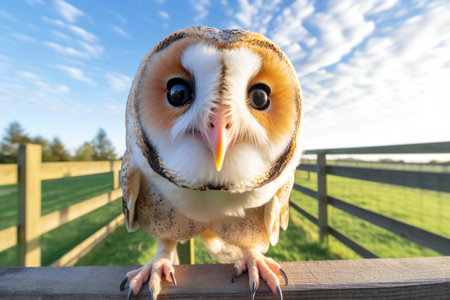 Beautiful barn owl sitting on a wooden fence looking at the cameraの素材