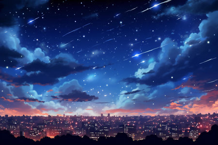 Night sky with stars and city background.の素材