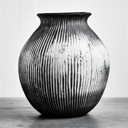 Black vase on concrete table with white wall in the background.の素材