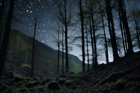 Beautiful night landscape with starry sky in the mountain forest.の素材
