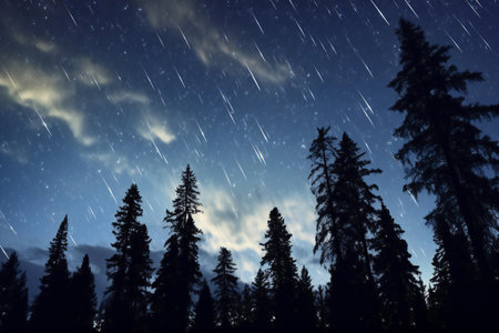 Night sky with stars and falling snowflakes in the forest.の素材