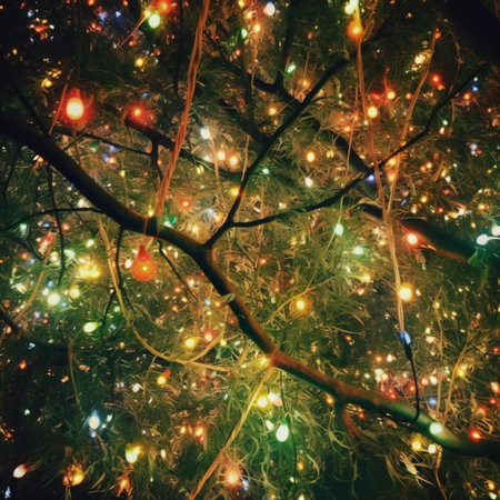 Christmas tree with colorful lights, close-up, toned imageの素材
