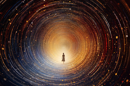 Woman in dark tunnel with light effects. Mixed media. Mixed mediaの素材