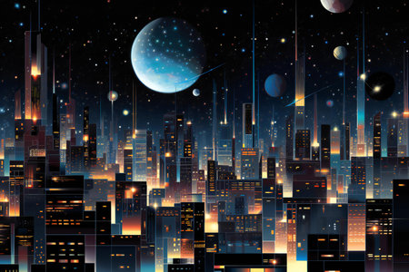 abstract futuristic city background with planets and stars,の素材