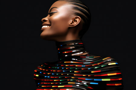 Fashion portrait of a beautiful african american woman with glowing neon lights.の素材