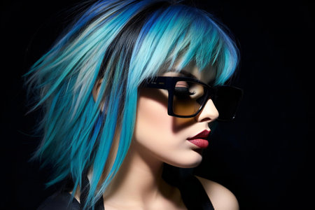 Portrait of a beautiful young woman with blue hair and sunglasses.の素材