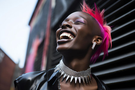 Portrait of a beautiful young african american woman with pink hair, dressed in a black leather jacket and bright pink hair, laughing and looking up.の素材