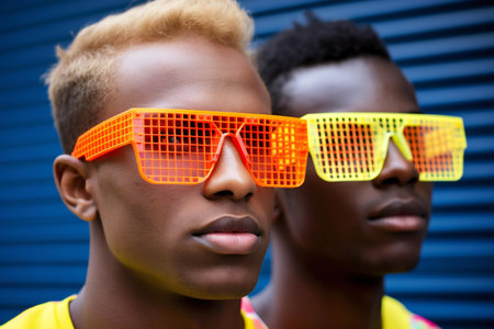 Close-up portrait of two african american young men in bright sunglassesの素材