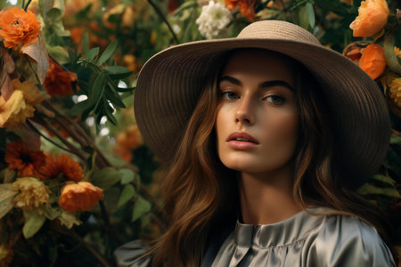 fashion outdoor photo of beautiful sensual woman with blond hair in elegant dress and hat posing in summer gardenの素材