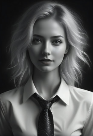 Portrait of a beautiful young blonde woman in a white shirt and tieの素材