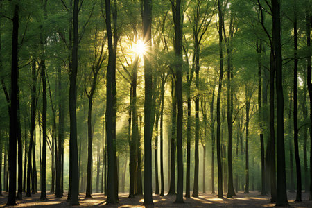 Sunrise in the green forest with sun rays shining through the treesの素材