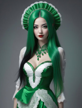 Beautiful asian woman with green hair in traditional german dressの素材
