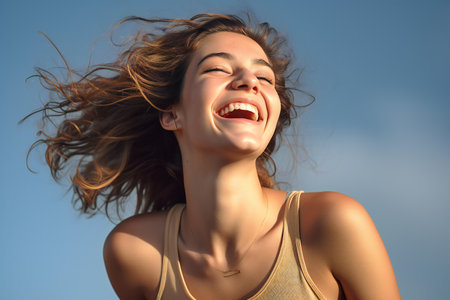 Portrait of a happy young woman with flying hair against blue skyの素材