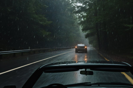 Driving on a rainy road. Rainy day in the forest.の素材