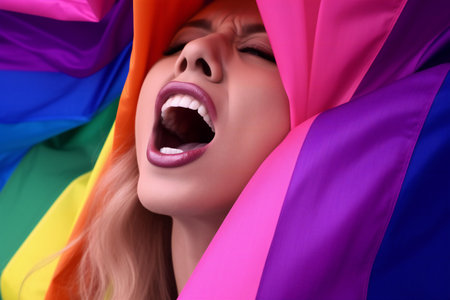 Beautiful young woman with bright make-up and rainbow hair posing in studio.の素材