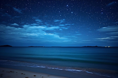 Beautiful night landscape with starry sky over the sea and beachの素材