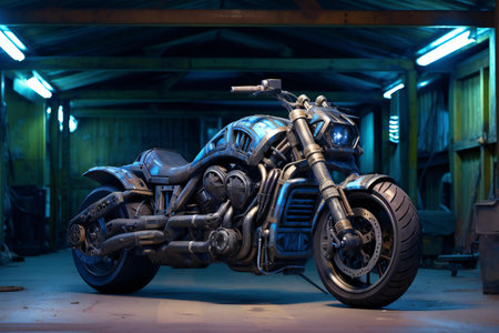 Rear view of old chopper motorbike in garage at nightの素材