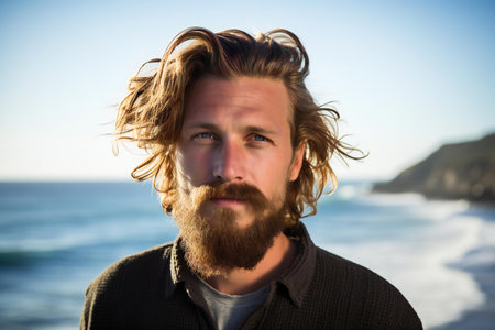 Portrait of a handsome man with long hair and beard at the beachの素材