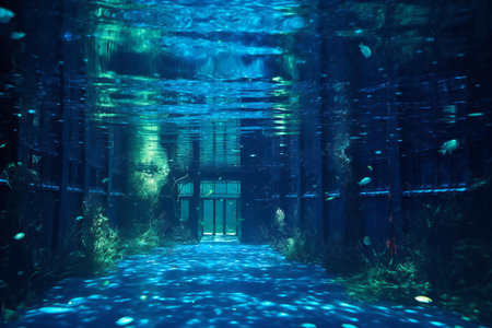 Underwater tunnel with neon lights and light.の素材