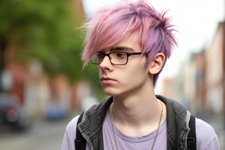 Portrait of a young hipster girl with pink hair on the streetの素材