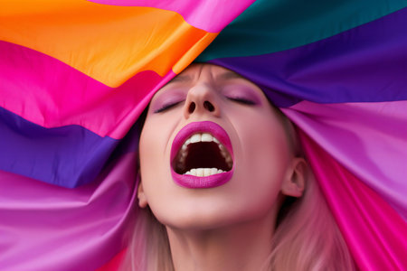 portrait of beautiful young woman with rainbow hair covering her face with clothの素材