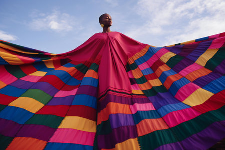 Young African American woman wrapped in multicolored cloth against blue skyの素材