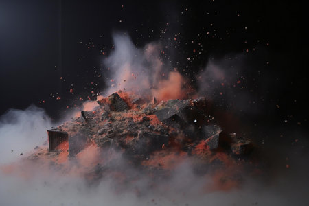 Burning coals in a campfire on a black background.の素材