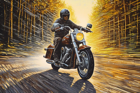 Motorcyclist riding a motorcycle in the forest. Digital painting.の素材
