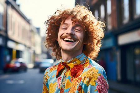 Portrait of a smiling young man with curly hair on the streetの素材