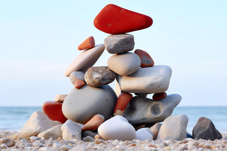 Pyramid of pebbles on the seashore against the blue skyの素材