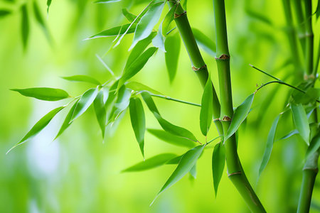 Bamboo leaves on a green background. Shallow depth of field.の素材