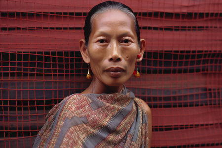 Asian woman in traditional clothes on a background of red netting.の素材