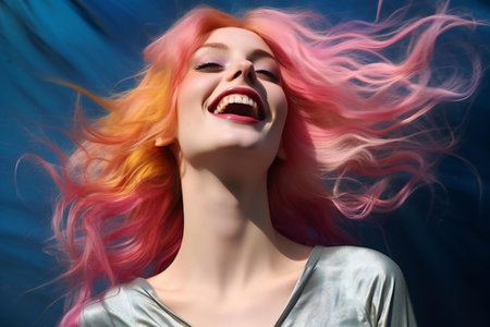 Portrait of a beautiful girl with pink hair on a blue backgroundの素材