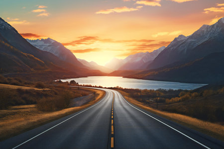 Road to the lake at sunset. Landscape with mountains and road.の素材